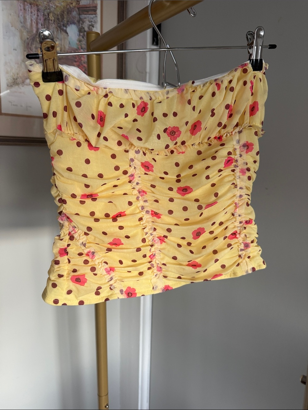 Free People Yellow Polka Dot & Pink Floral Ruched Strapless Crop Top